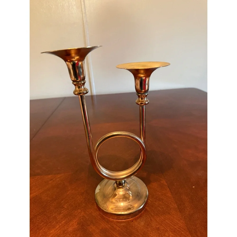 Vintage Brass French Horn Double Taper Candle Holder Musical Candelabra Gold 10